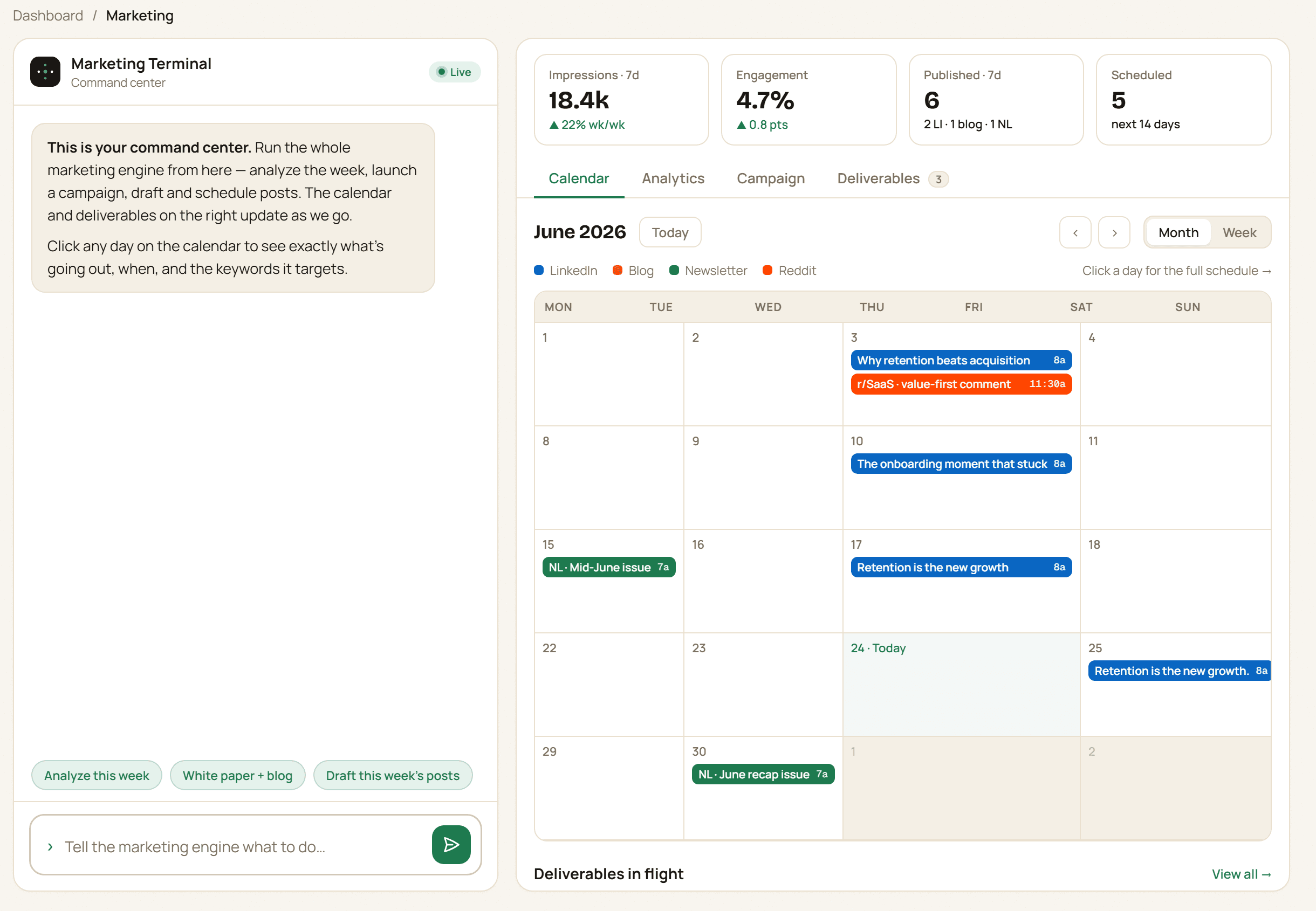 The Marketing node in Konsil: a command terminal on the left, with the content calendar, scheduled posts and seven-day metrics on the right.